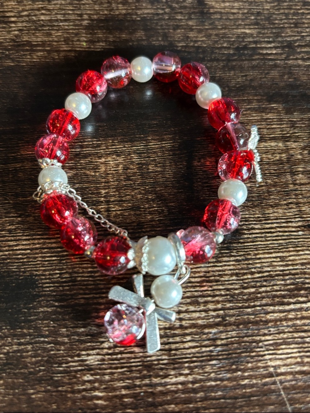 Red Beaded Bracelet with Silver Charms